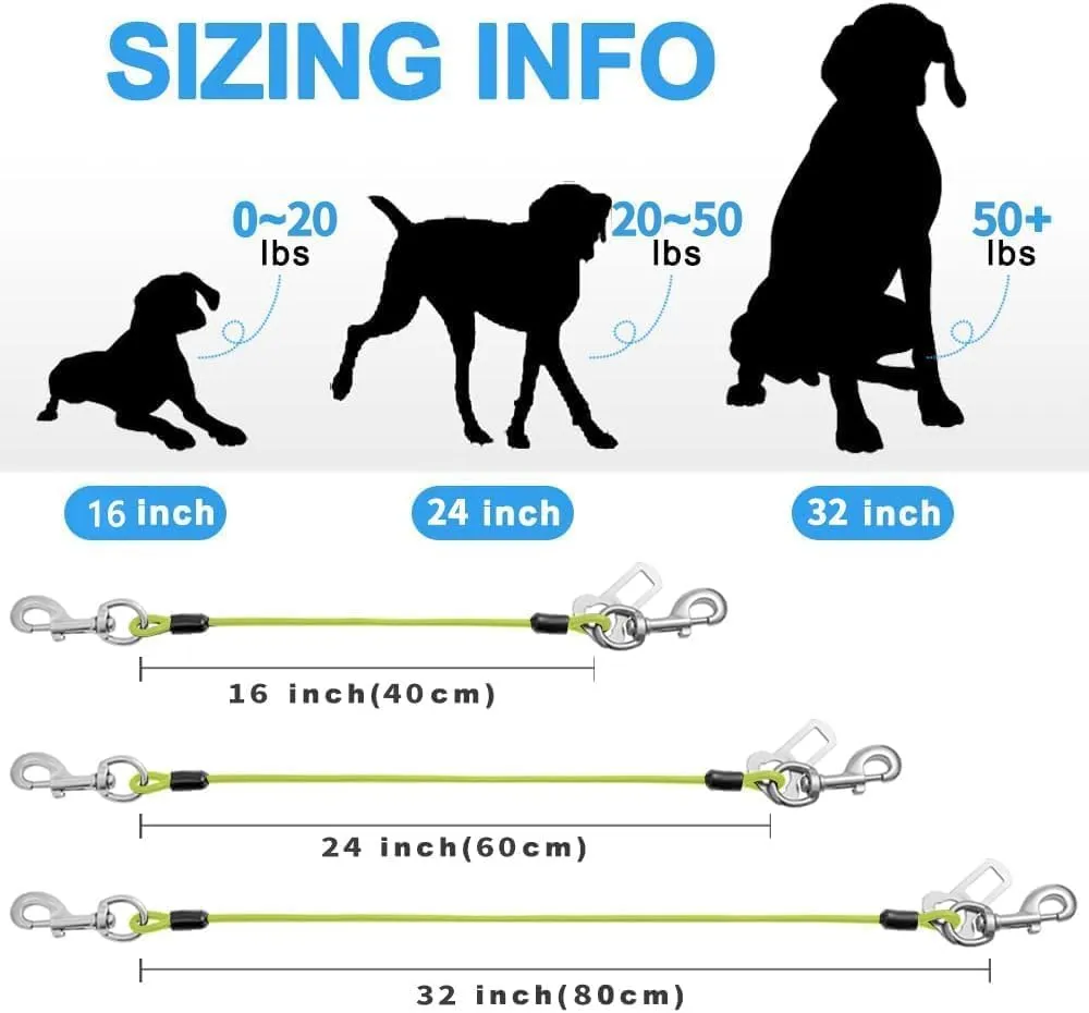 Dog Seat Belt Harness for Car,Dog Seatbelt of Coated Wire Leash Safety Restraint,No Chew Tether Cable Vehicle,Double Clips & Latch (Green, 32 inch/80 CM)
