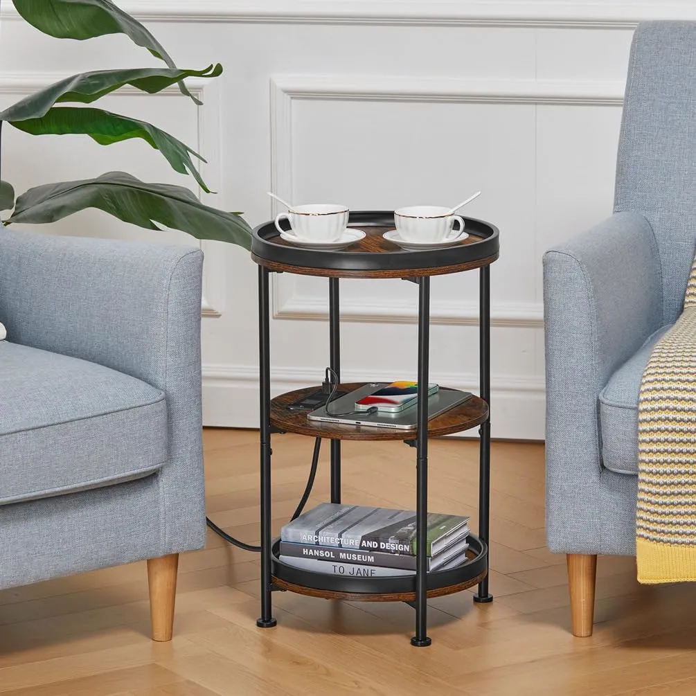 Dulcii Round Side Table with Charging Station, End Table with 3 Shelves for Living Room, Bedroom Nightstand for Small Spaces, Industrial Round Sofa Table with Steel Frame (USB Rustic Brown)