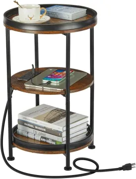 Dulcii Round Side Table with Charging Station, End Table with 3 Shelves for Living Room, Bedroom Nightstand for Small Spaces, Industrial Round Sofa Table with Steel Frame (USB Rustic Brown)