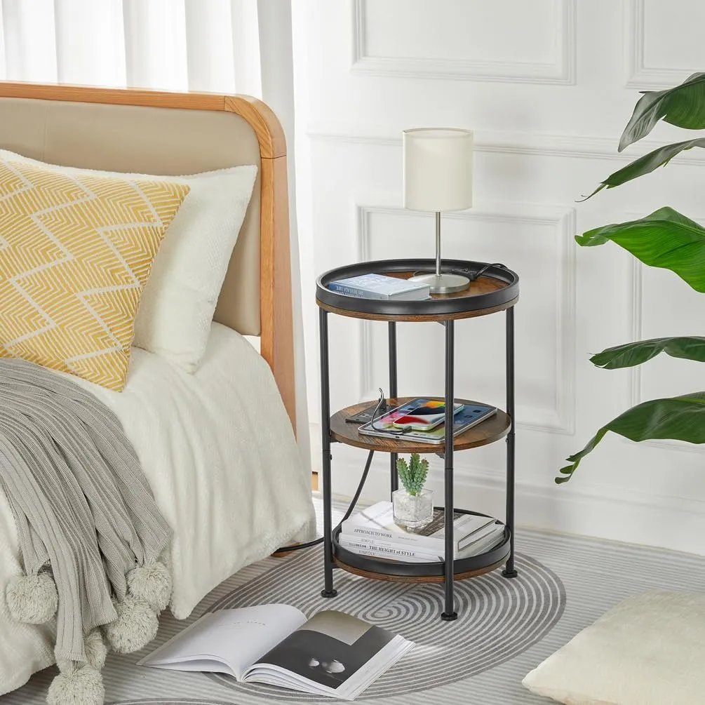 Dulcii Round Side Table with Charging Station, End Table with 3 Shelves for Living Room, Bedroom Nightstand for Small Spaces, Industrial Round Sofa Table with Steel Frame (USB Rustic Brown)