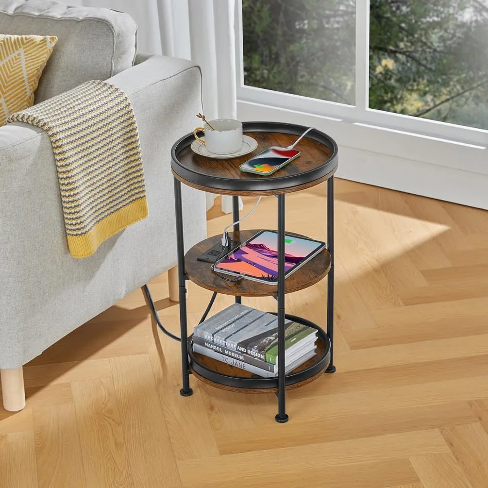 Dulcii Round Side Table with Charging Station, End Table with 3 Shelves for Living Room, Bedroom Nightstand for Small Spaces, Industrial Round Sofa Table with Steel Frame (USB Rustic Brown)
