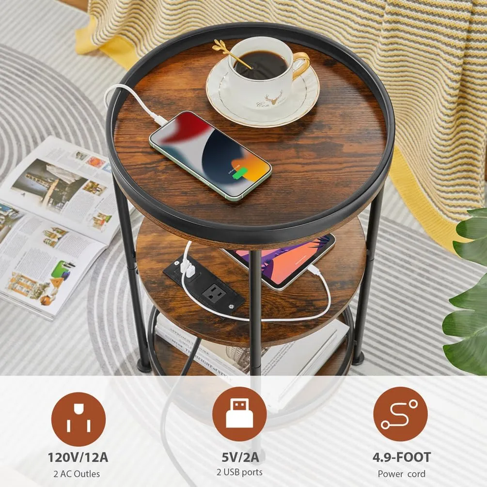 Dulcii Round Side Table with Charging Station, End Table with 3 Shelves for Living Room, Bedroom Nightstand for Small Spaces, Industrial Round Sofa Table with Steel Frame (USB Rustic Brown)