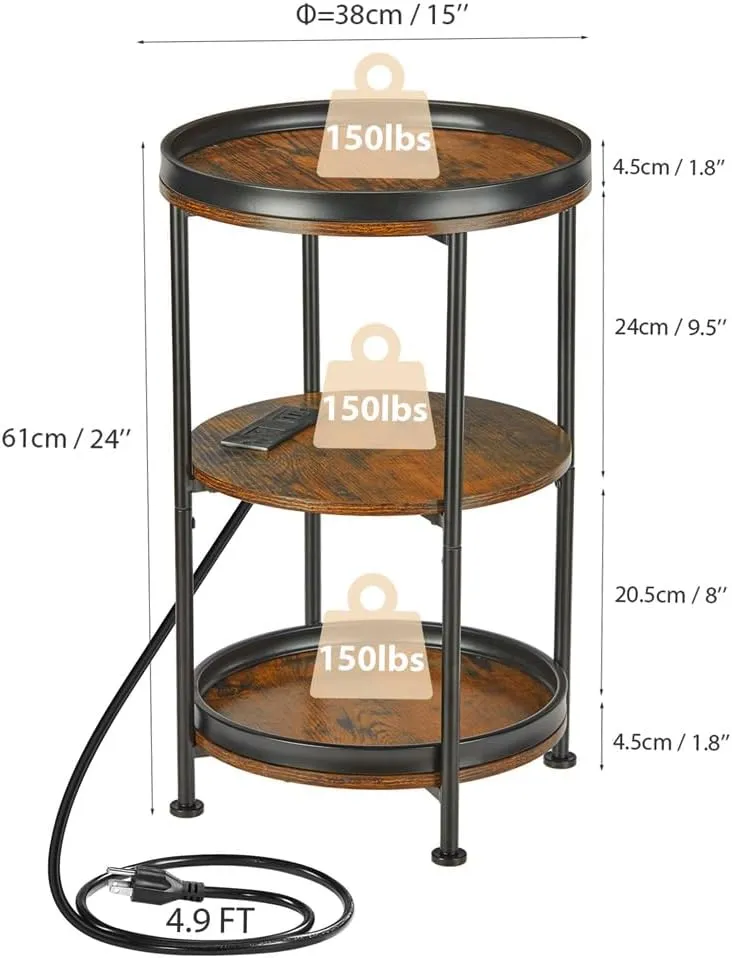 Dulcii Round Side Table with Charging Station, End Table with 3 Shelves for Living Room, Bedroom Nightstand for Small Spaces, Industrial Round Sofa Table with Steel Frame (USB Rustic Brown)
