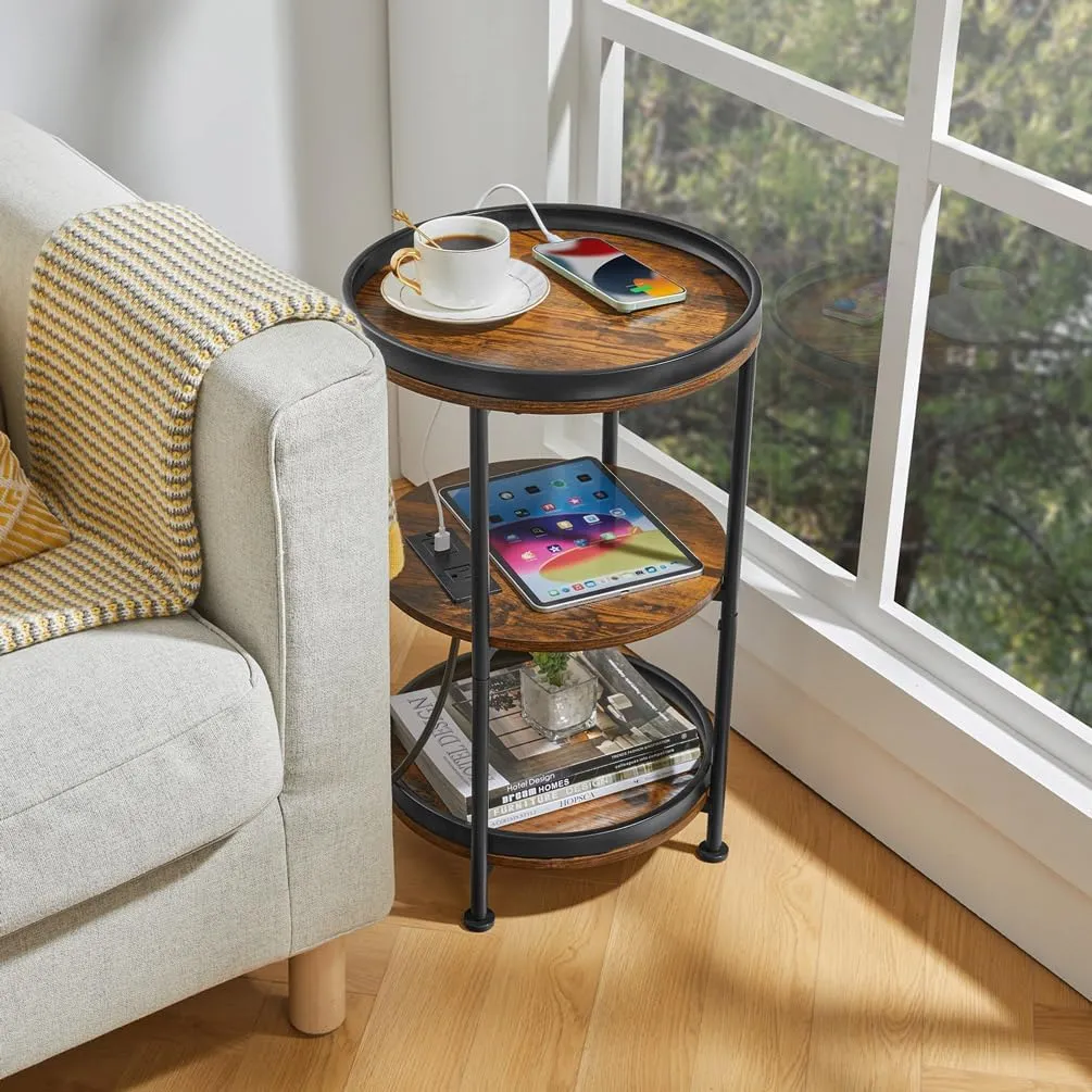 Dulcii Round Side Table with Charging Station, End Table with 3 Shelves for Living Room, Bedroom Nightstand for Small Spaces, Industrial Round Sofa Table with Steel Frame (USB Rustic Brown)