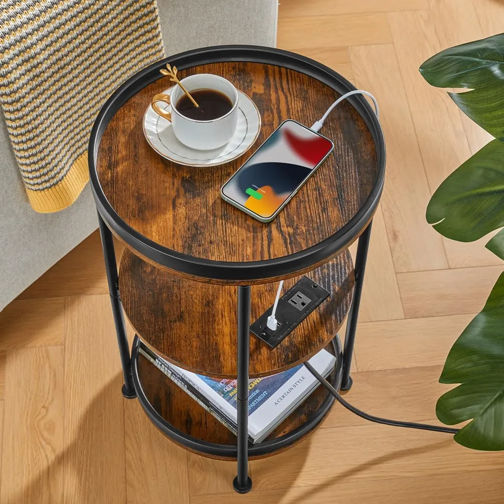 Dulcii Round Side Table with Charging Station, End Table with 3 Shelves for Living Room, Bedroom Nightstand for Small Spaces, Industrial Round Sofa Table with Steel Frame (USB Rustic Brown)