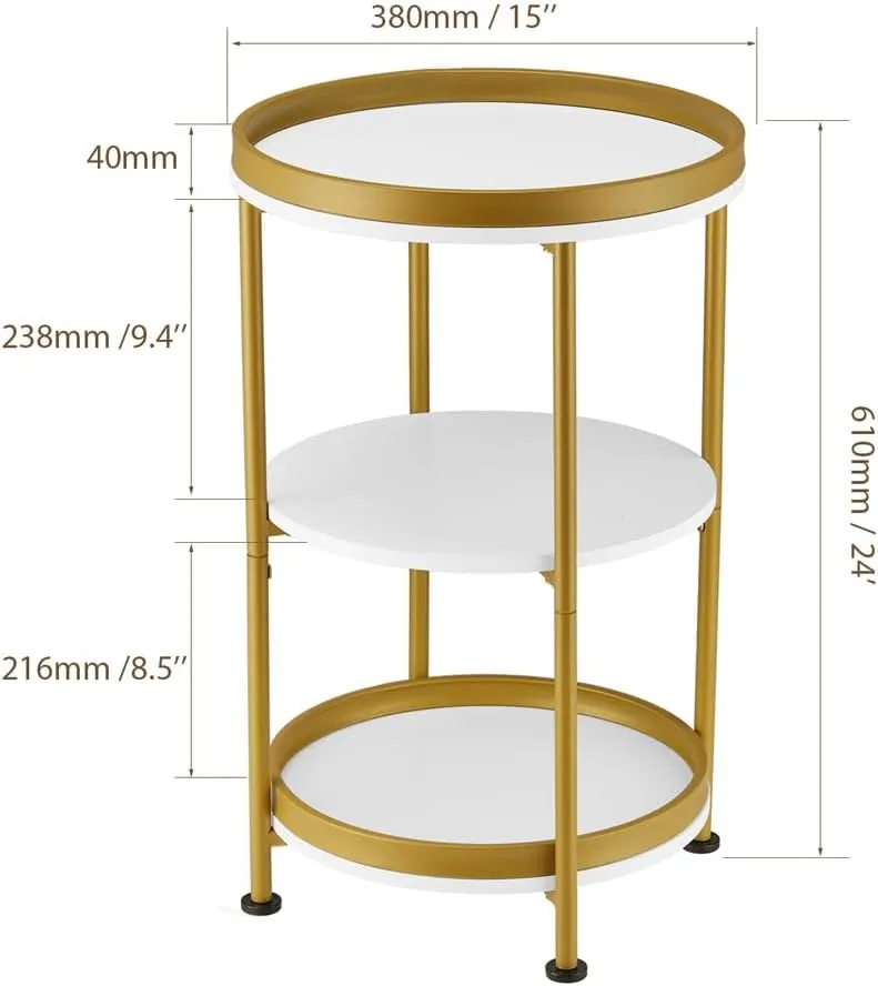 Dulcii Round Side Table with Storage Tray for Living Room, 15" L x 15" W x 24" H Bedroom Nightstand 3 Tiers Bedside Table with Steel Frame for Small Spaces (White & Gold)