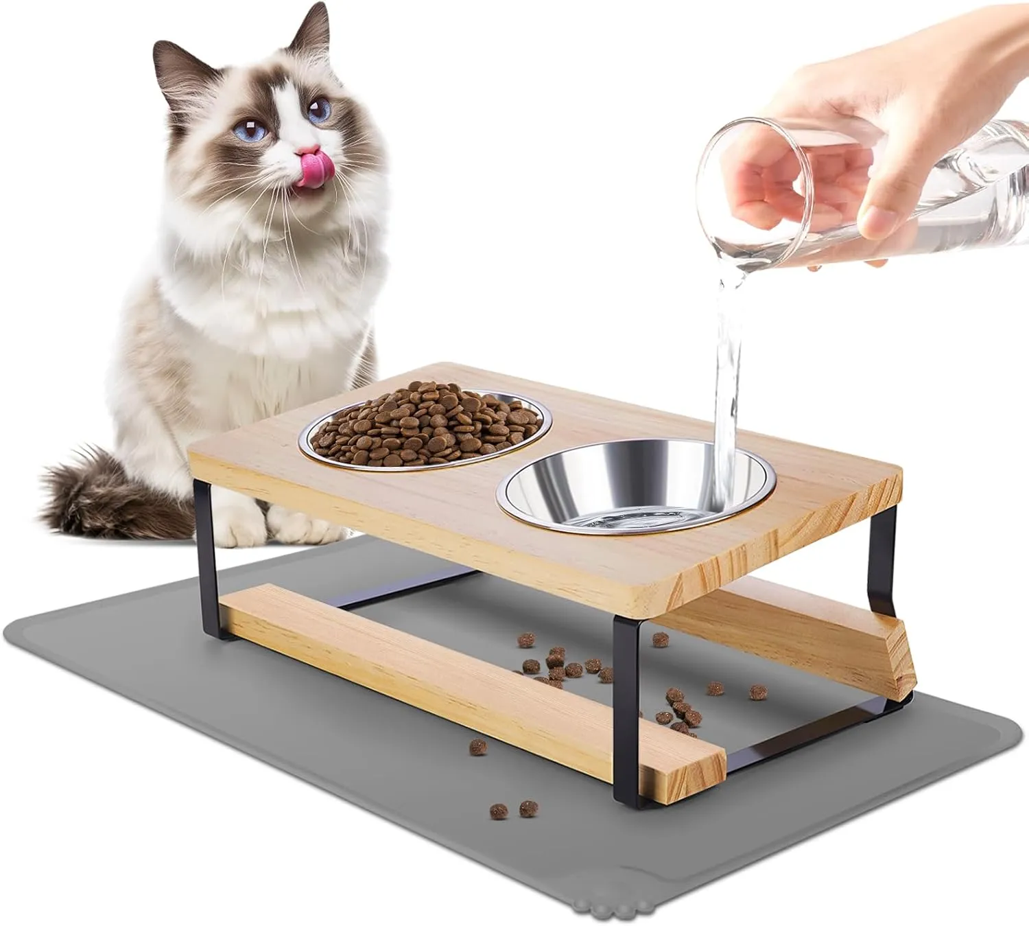 Elevated Cat Bowls with Food Mat, 15 Tilted Anti Vomiting Raised Cat Feeder for Indoor Cats and Puppy, 2 Stainless Steel Bowls for Food and Water