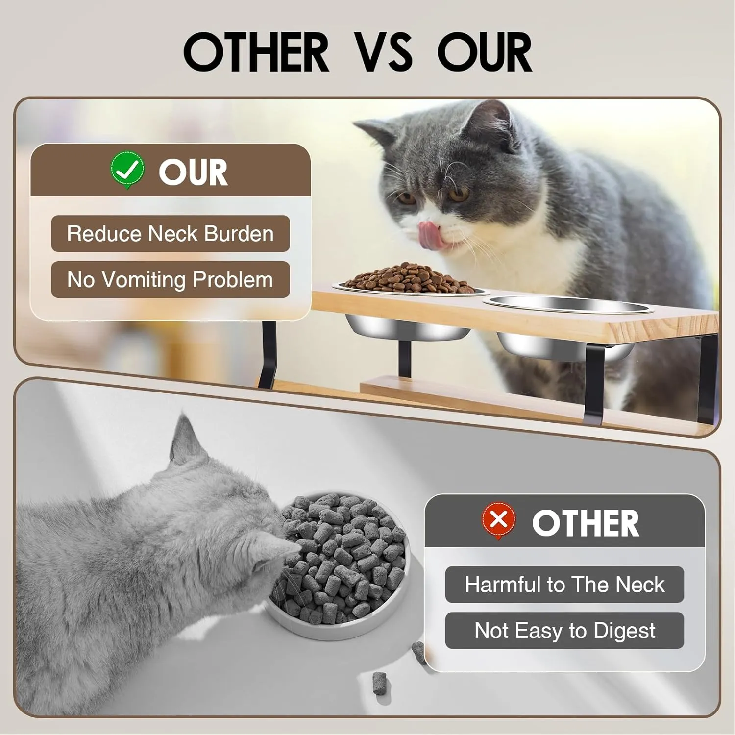 Elevated Cat Bowls with Food Mat, 15 Tilted Anti Vomiting Raised Cat Feeder for Indoor Cats and Puppy, 2 Stainless Steel Bowls for Food and Water