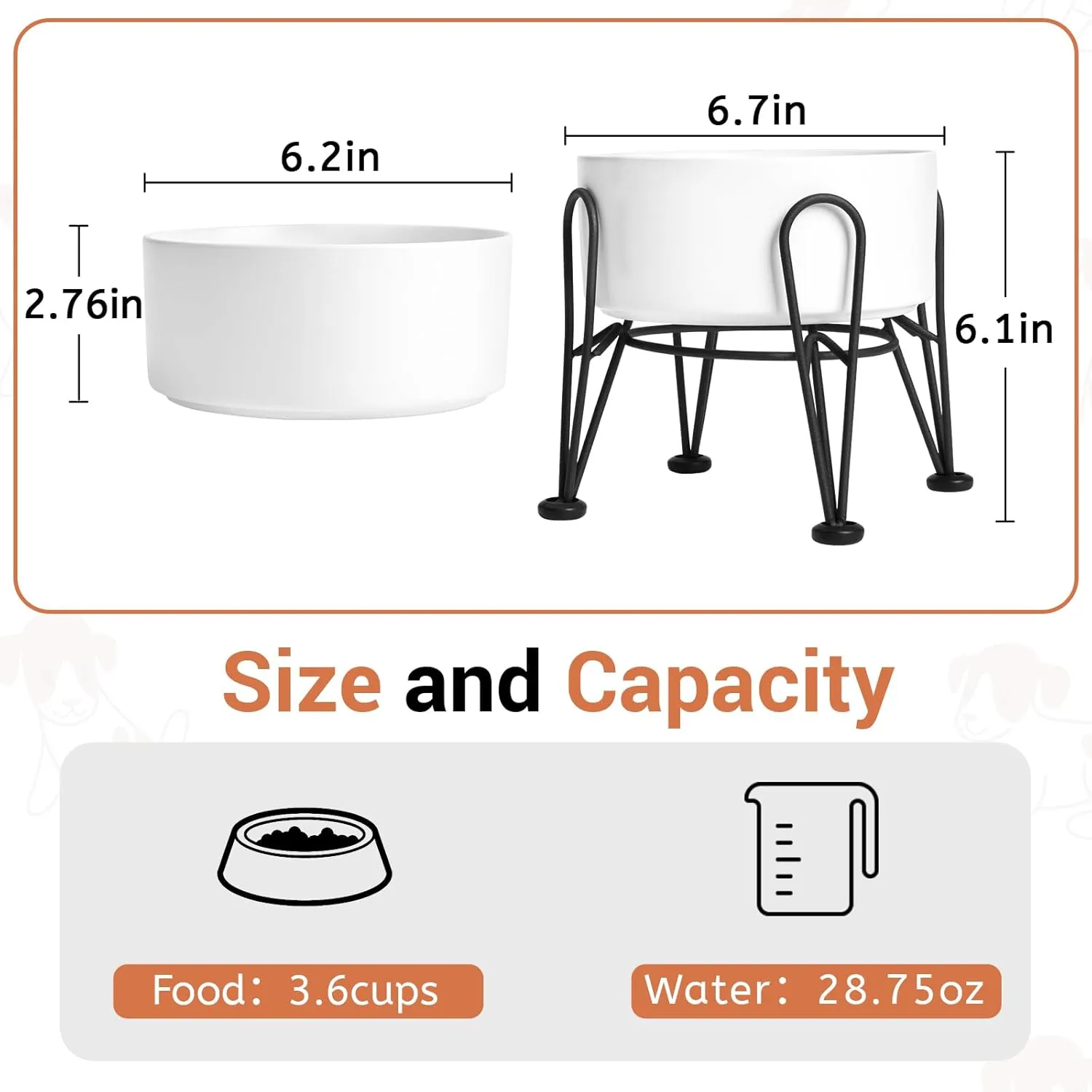 Elevated Dog Bowls, Ceramic Raised Dog Bowl Set with Anti-Slip and Non-Tip Metal Stand, 2 Pack Pet Food and Water Feeding Bowls for Small and Medium Dogs (White,3.5 Cups)