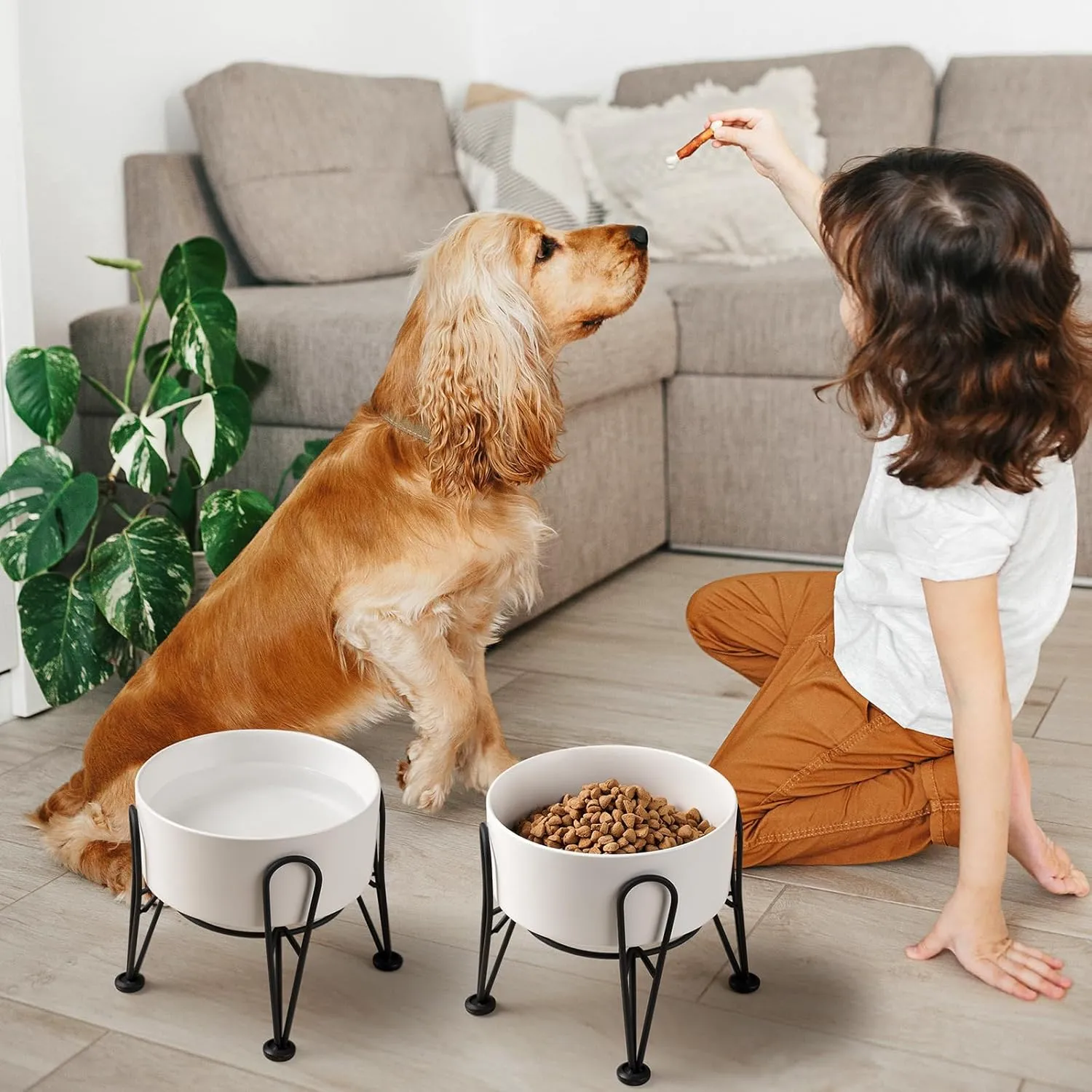 Elevated Dog Bowls, Ceramic Raised Dog Bowl Set with Anti-Slip and Non-Tip Metal Stand, 2 Pack Pet Food and Water Feeding Bowls for Small and Medium Dogs (White,3.5 Cups)