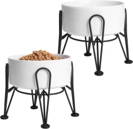 Elevated Dog Bowls, Ceramic Raised Dog Bowl Set with Anti-Slip and Non-Tip Metal Stand, 2 Pack Pet Food and Water Feeding Bowls for Small and Medium Dogs (White,3.5 Cups)