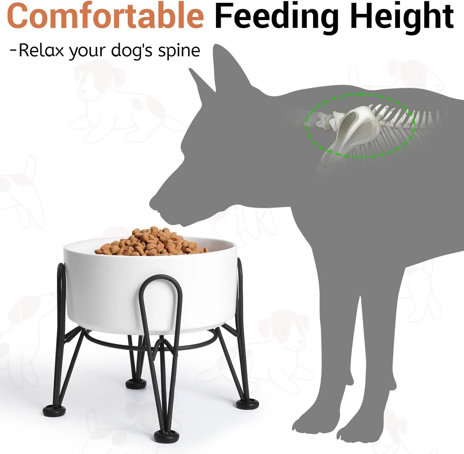 Elevated Dog Bowls, Ceramic Raised Dog Bowl Set with Anti-Slip and Non-Tip Metal Stand, 2 Pack Pet Food and Water Feeding Bowls for Small and Medium Dogs (White,3.5 Cups)