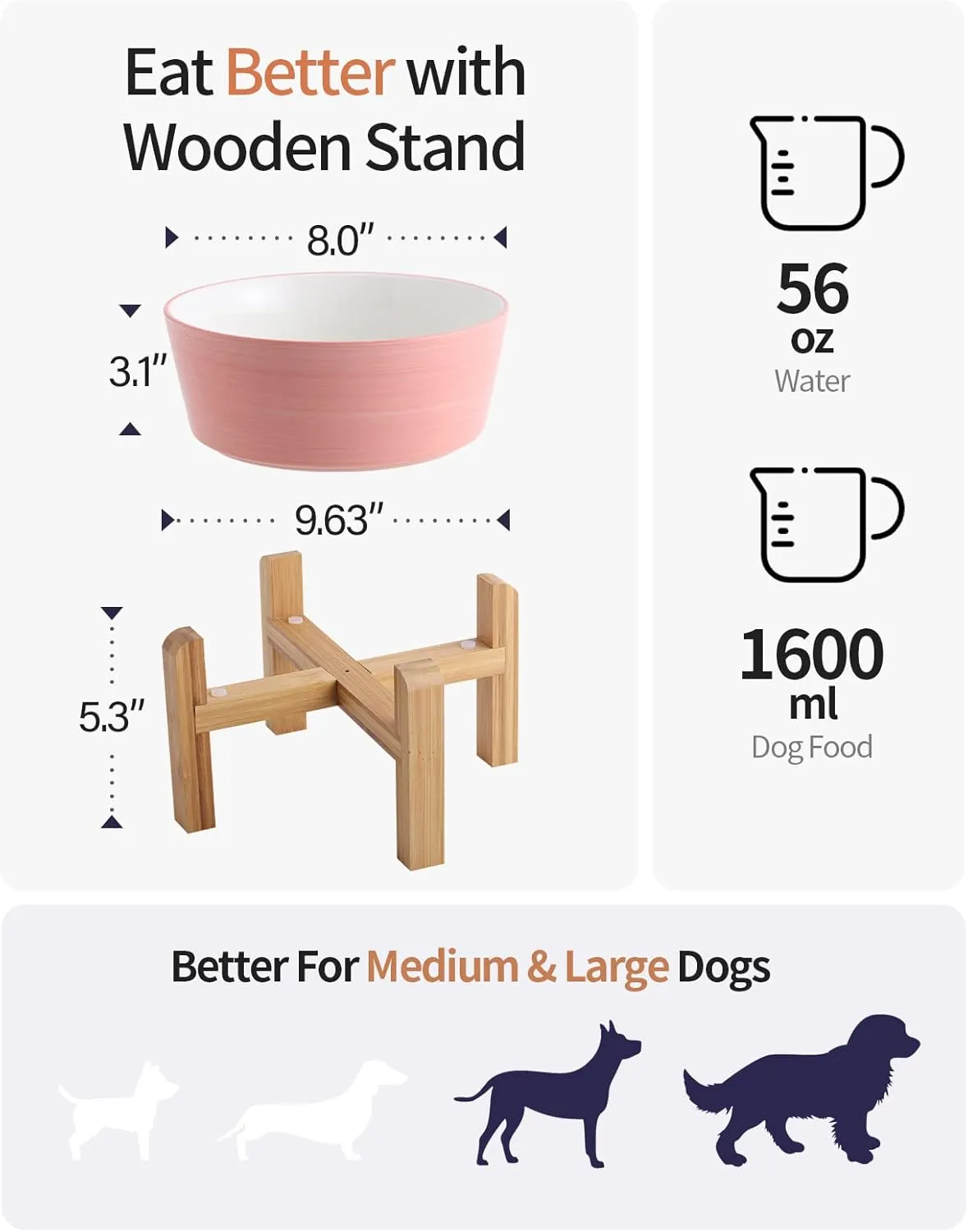 Elevated/Raised Dog Bowl Wood Stand for Medium Large Breed,7.67 in Wide Dog Food Water Dish Holder, Non Slip Modern Cute Porcelain Pet Bowl Stand Height 6.29" Tall Wide Month