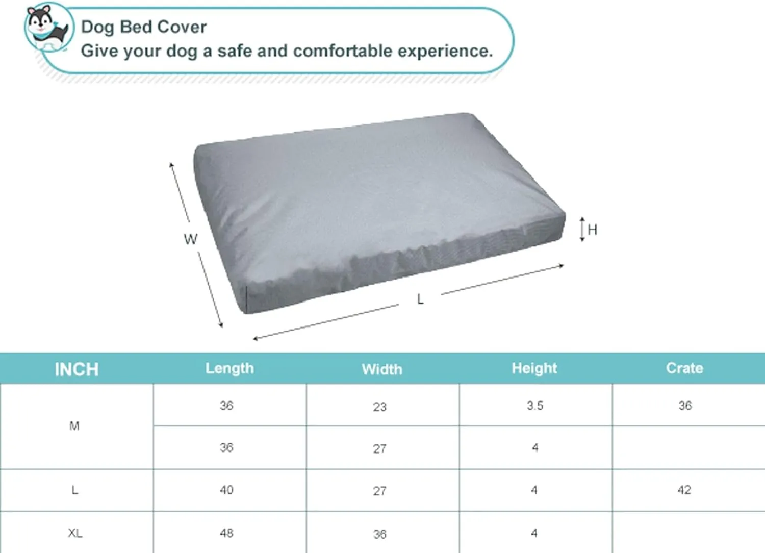 Explore Land Scratch Resistance Dog Bed Cover Canvas Washable Dog Crate Pad Replacement Cover, 48Lx36Wx4H inch, Charcoal
