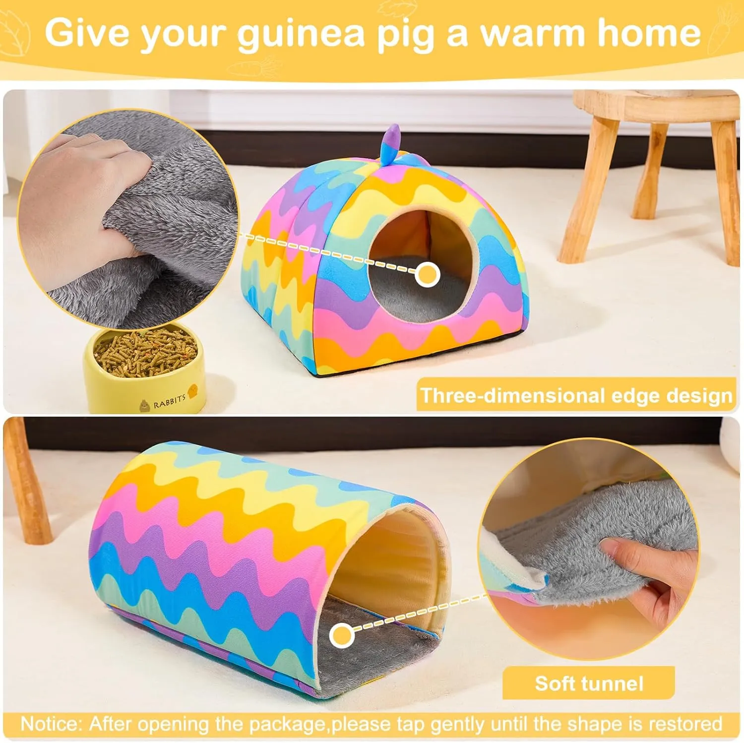 Glittme Guinea Pig Hideout, Soft Bed and Tunnel, 2 Pack Washable Tunnel with House Accessories for Small Animals