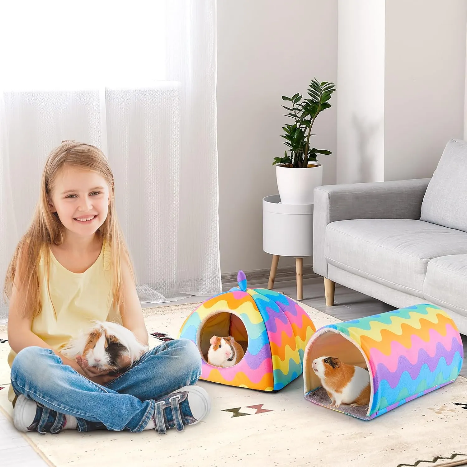 Glittme Guinea Pig Hideout, Soft Bed and Tunnel, 2 Pack Washable Tunnel with House Accessories for Small Animals