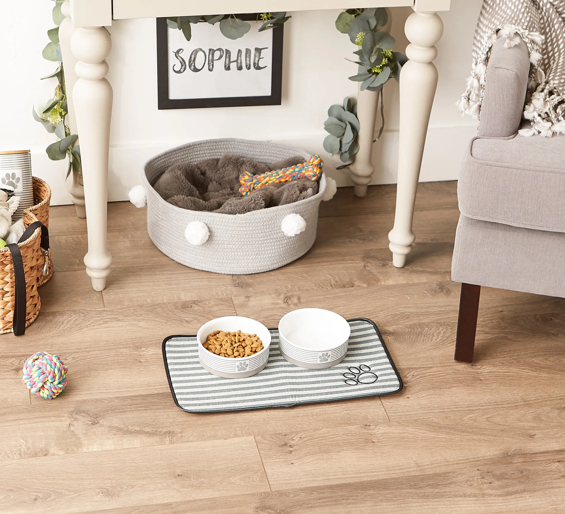 Gray Stripe Embroidered Paw Pet Mat Small
