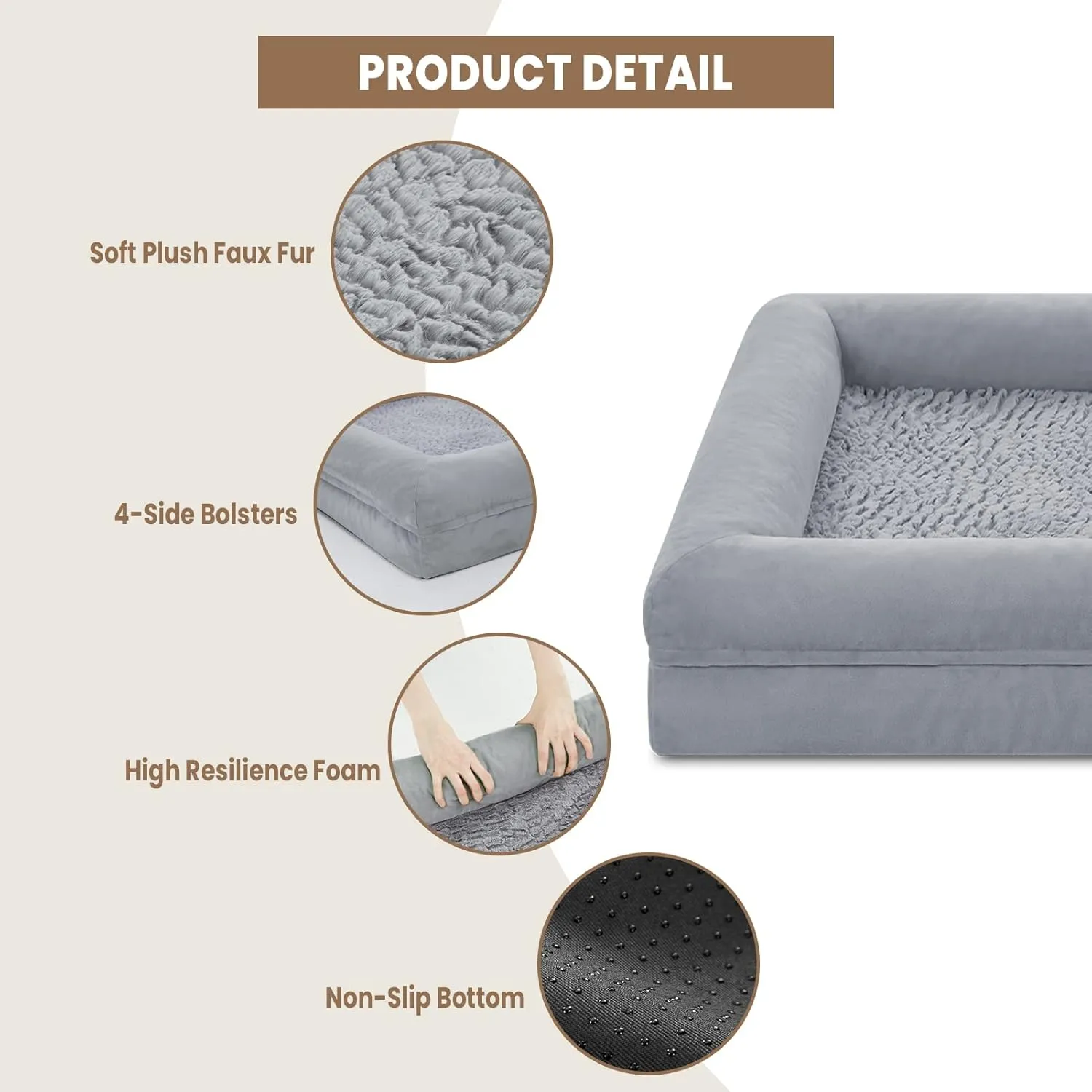 Large Dog Bed, Orthopedic Gel Memory Foam Dog Bed for Large Dogs, Washable Pet Bed with Removable Cover, Waterproof Non-Slip Bottom Big Couch Sofa, Light Grey