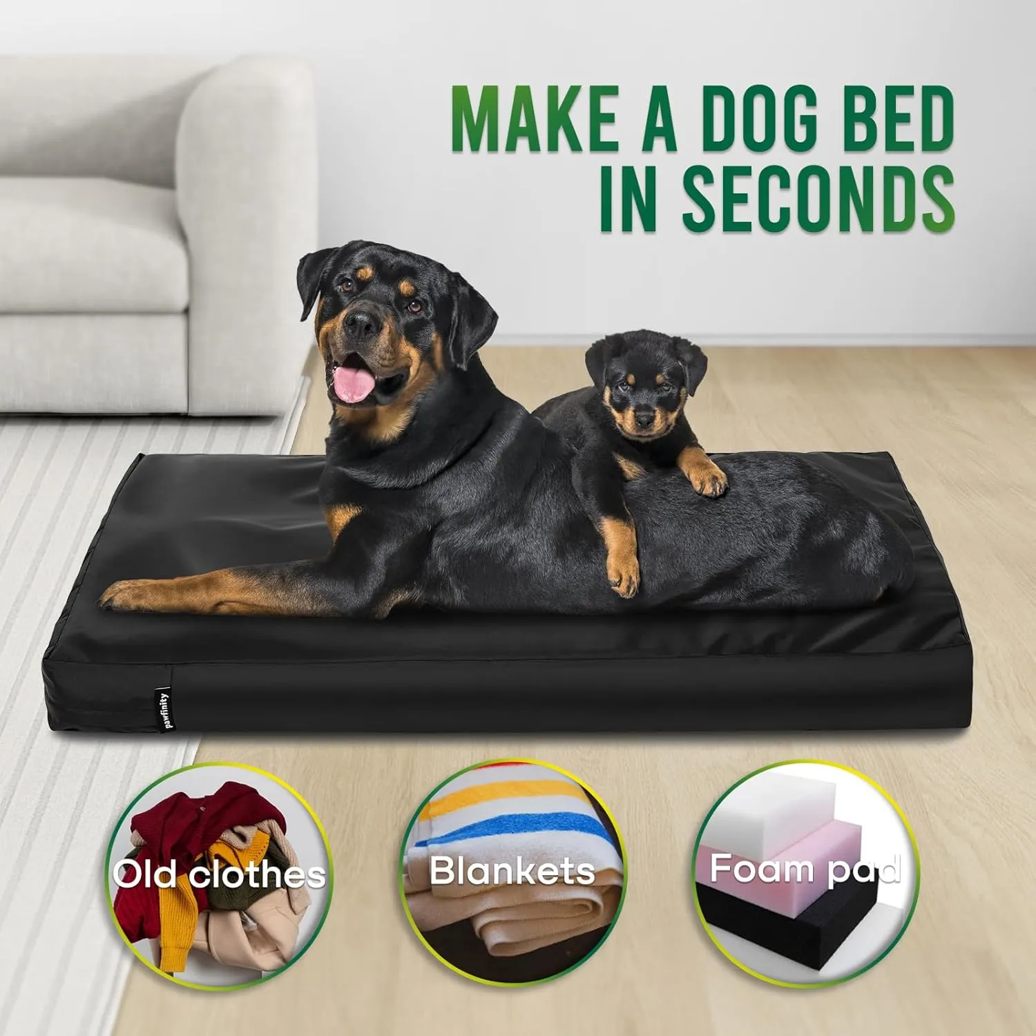 Large Waterproof Dog Bed Replacement Cover, Easy to Clean Pet Dog Crate Pad Duvet, Long Zipper Open, Oxford Fabric Slick Look, 40Lx27Wx4H - Black