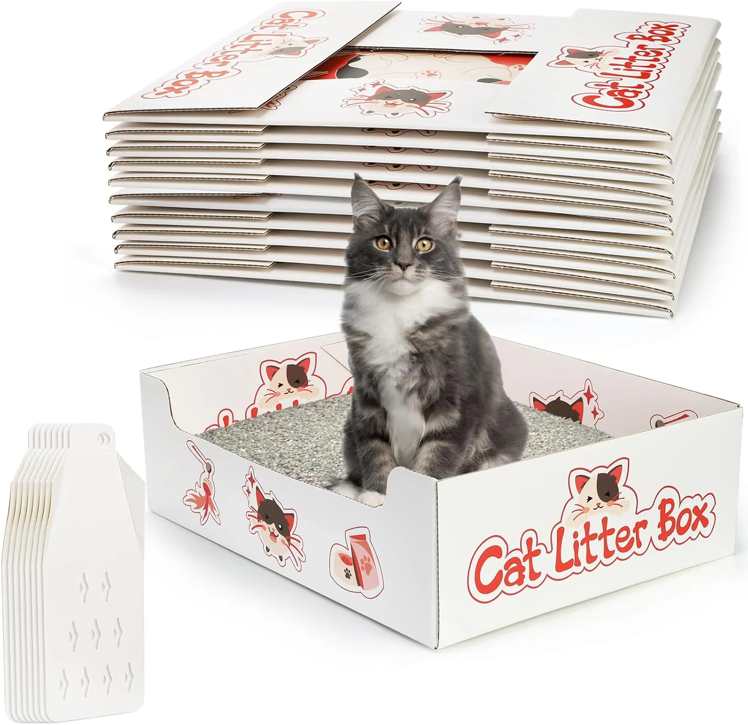 Lawei 8 Pack Disposable Litter Boxes for Cats, Foldable Travel Kitty Litter Box with Scoop, Portable Double Layer Waterproof Litter Tray for Cats Small Pets, 14.8 x 11.6 x 4.7inch, Easy to Assemble