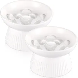 Layhit 2 Pack Raised Slow Feeder Cat Bowls Ceramic Elevated Cat Food Bowls Anti Vomiting Slow Feeder for Dog and Kitten for Dry and Wet Food(White)