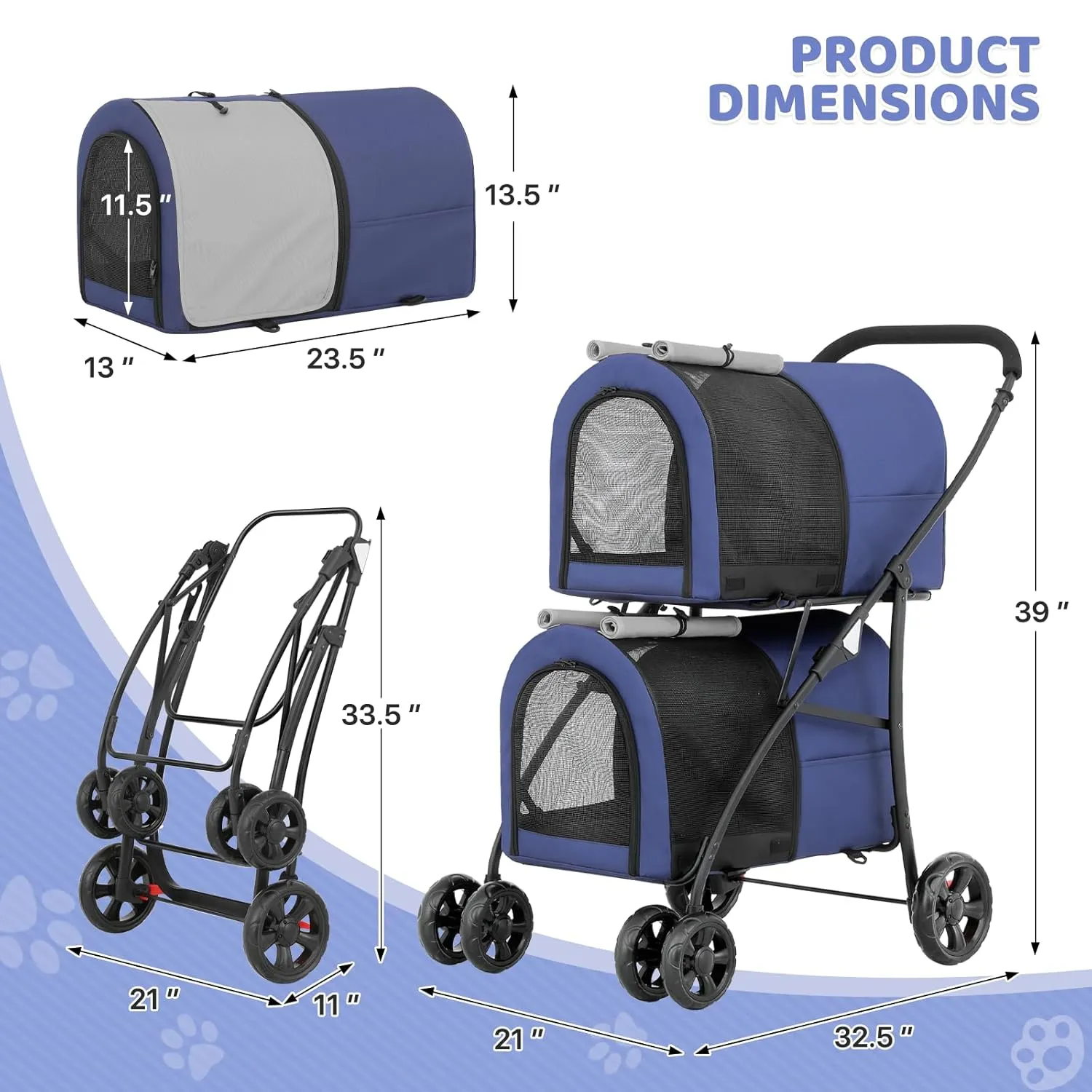 Magshion Double Dog Stroller with 2 Detachable Carrier Bags, 4-Wheel Folding Pet Travel Strolling Cart with Storage Pocket for Small-Medium Dogs & Cats Puppy, Navy Blue/Gray