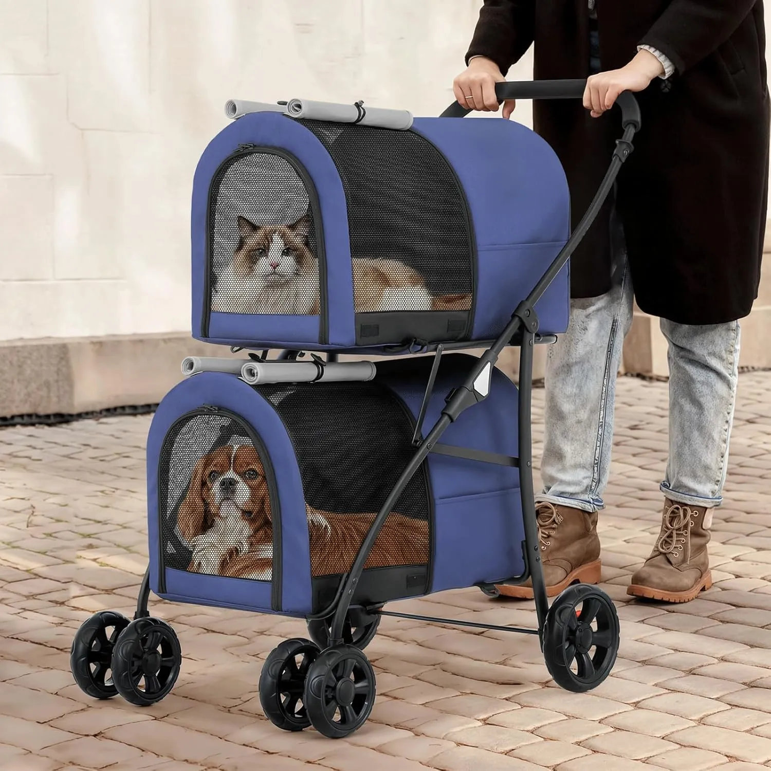 Magshion Double Dog Stroller with 2 Detachable Carrier Bags, 4-Wheel Folding Pet Travel Strolling Cart with Storage Pocket for Small-Medium Dogs & Cats Puppy, Navy Blue/Gray