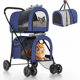 Magshion Double Dog Stroller with 2 Detachable Carrier Bags, 4-Wheel Folding Pet Travel Strolling Cart with Storage Pocket for Small-Medium Dogs & Cats Puppy, Navy Blue/Gray