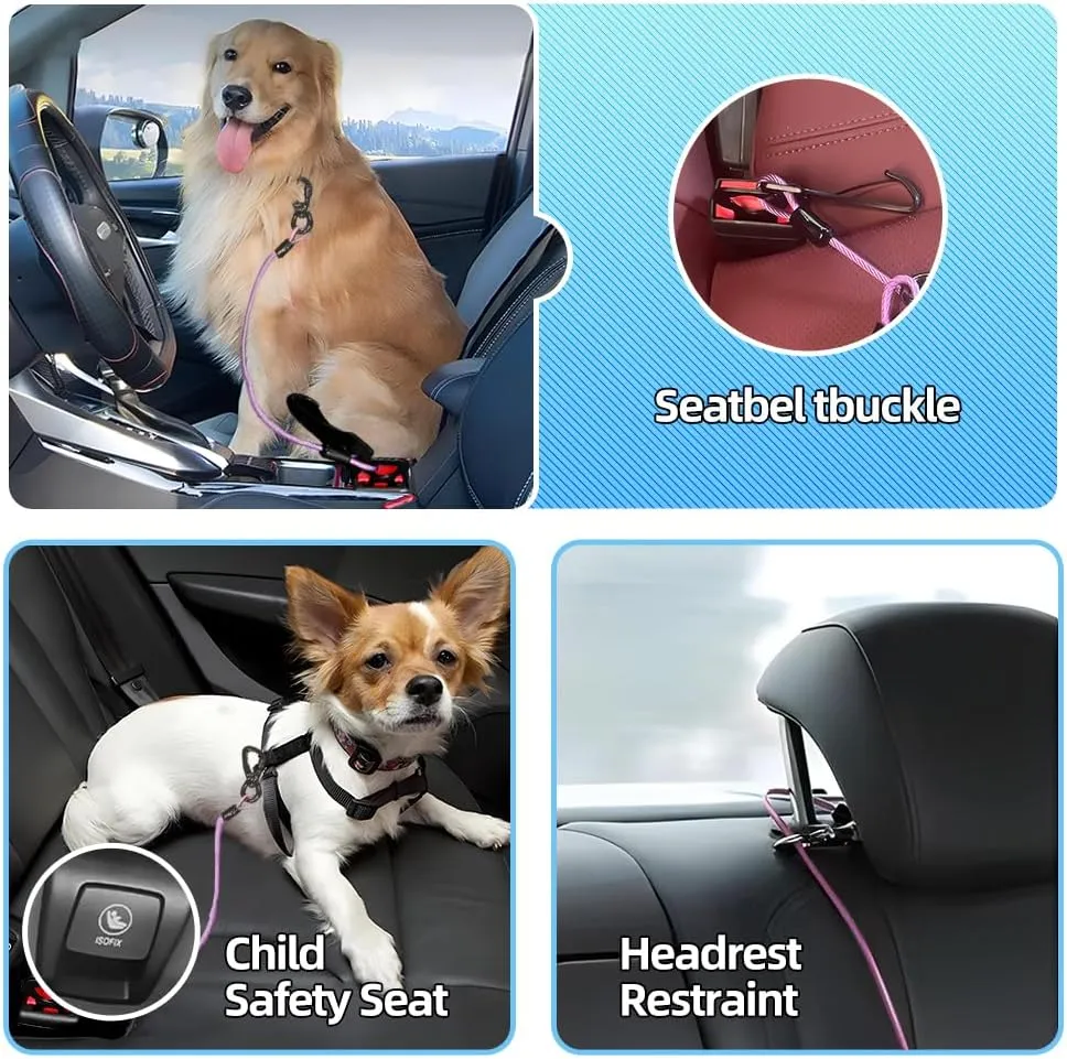 MiaoChuai 3-in-1 Dog Car Seat Belt Harness | Chew-Proof Steel Cable Leash with Heavy-Duty Buckle & Clip | Car Safety Restraint for Small, Medium, Large Dogs (Black, 24 inch/60 CM)