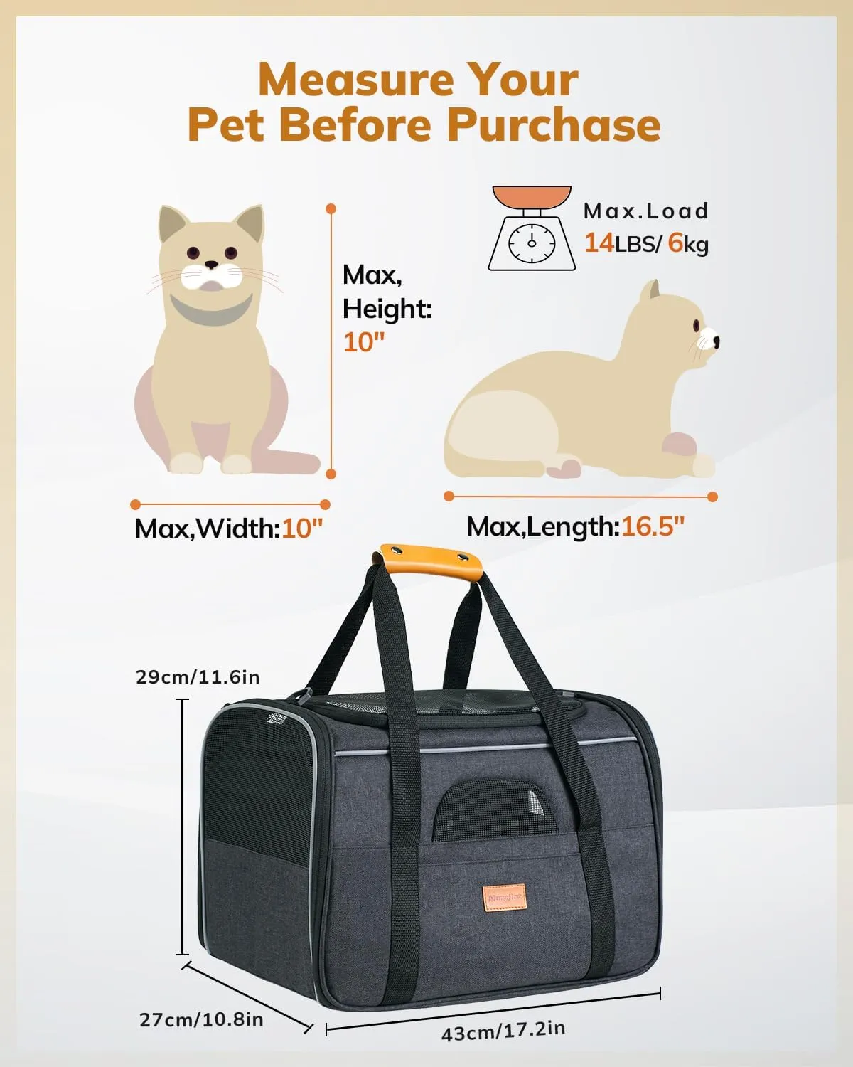 Morpilot Cat Carrier Soft - Portable Pet Carrier for Small or Medium Cats, Dogs and Puppy up to 14lbs, Airline Approved Dog Carrier with Safety Buckle and Foldable Bowl - 17 x 11 x 12 Inch (Dark Gray)