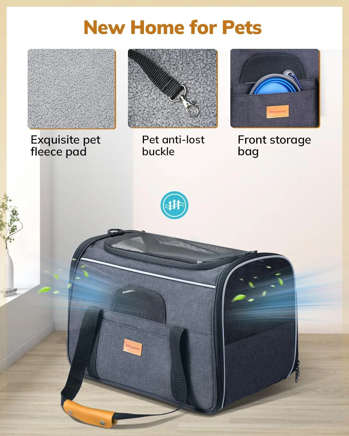 Morpilot Cat Carrier Soft - Portable Pet Carrier for Small or Medium Cats, Dogs and Puppy up to 14lbs, Airline Approved Dog Carrier with Safety Buckle and Foldable Bowl - 17 x 11 x 12 Inch (Dark Gray)