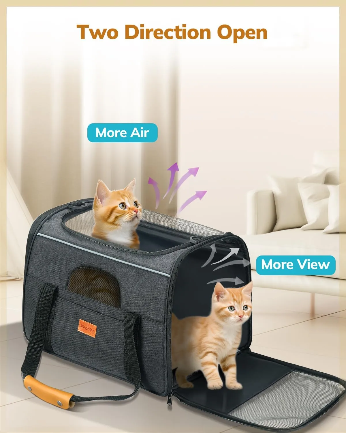 Morpilot Cat Carrier Soft - Portable Pet Carrier for Small or Medium Cats, Dogs and Puppy up to 14lbs, Airline Approved Dog Carrier with Safety Buckle and Foldable Bowl - 17 x 11 x 12 Inch (Dark Gray)