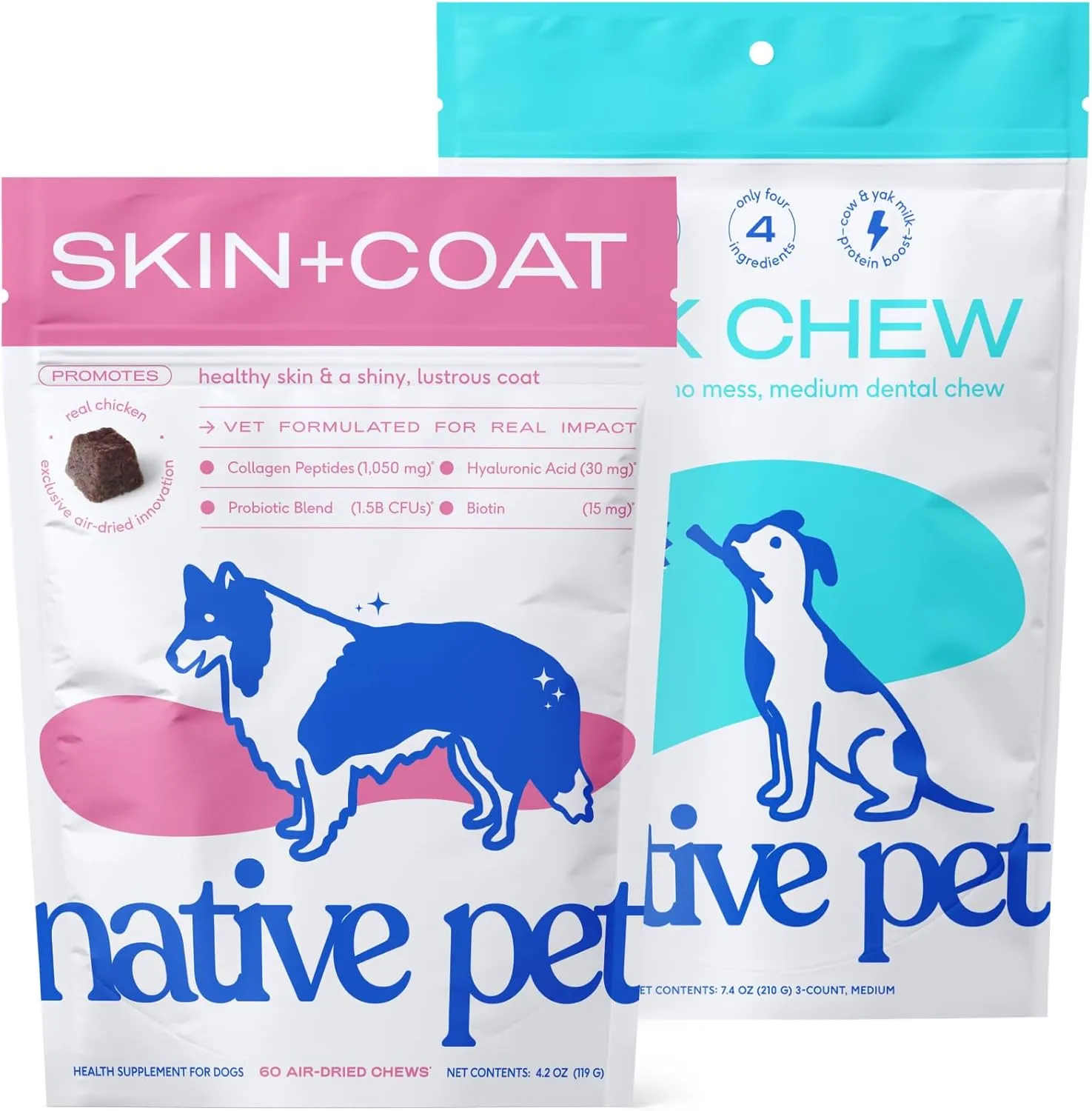 Native Pet Omega Skin and Coat Chews for Dogs (60 Air-Dried Chews) & Yak Chew (3 Medium Chews) - All Natural Dental Sticks Made with Yak Cheese & Pure Omega 3 Fish Oil