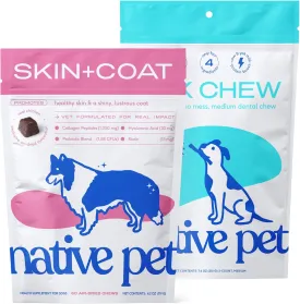 Native Pet Omega Skin and Coat Chews for Dogs (60 Air-Dried Chews) & Yak Chew (3 Medium Chews) - All Natural Dental Sticks Made with Yak Cheese & Pure Omega 3 Fish Oil