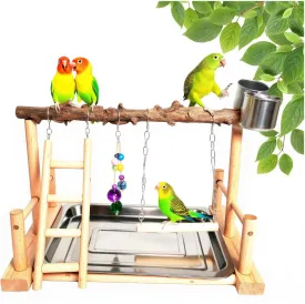Natural Wood Bird Perch Stand, Wooden Parrot Perch Stand Fork Toys Hanging Multi-Branch Rope Perch Platform Hammock Swing Toy Chewing Stick Cage Accessories