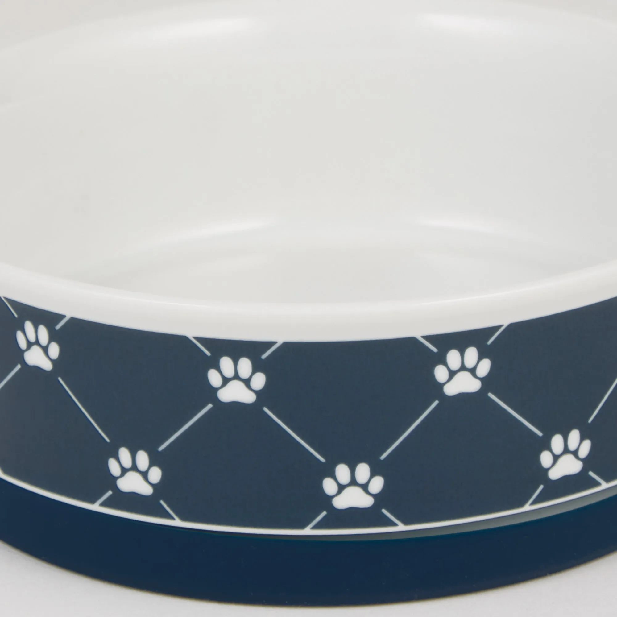 Navy Trellis Paw Print Pet Bowl Set/2, Large 3.75 C. Capacity