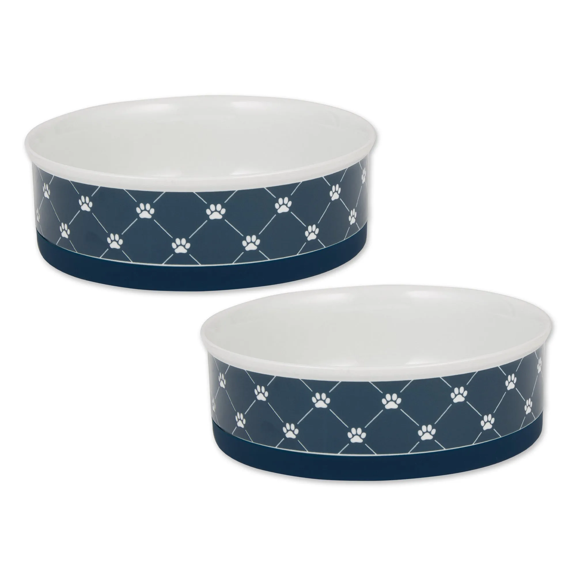 Navy Trellis Paw Print Pet Bowl Set/2, Large 3.75 C. Capacity
