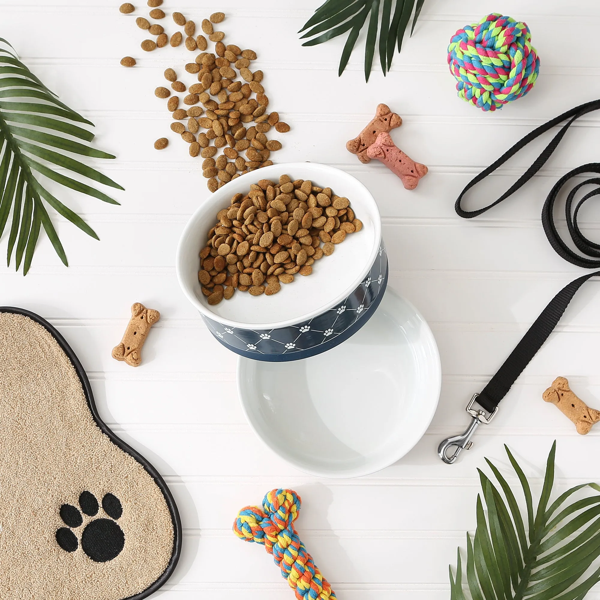 Navy Trellis Paw Print Pet Bowl Set/2, Large 3.75 C. Capacity