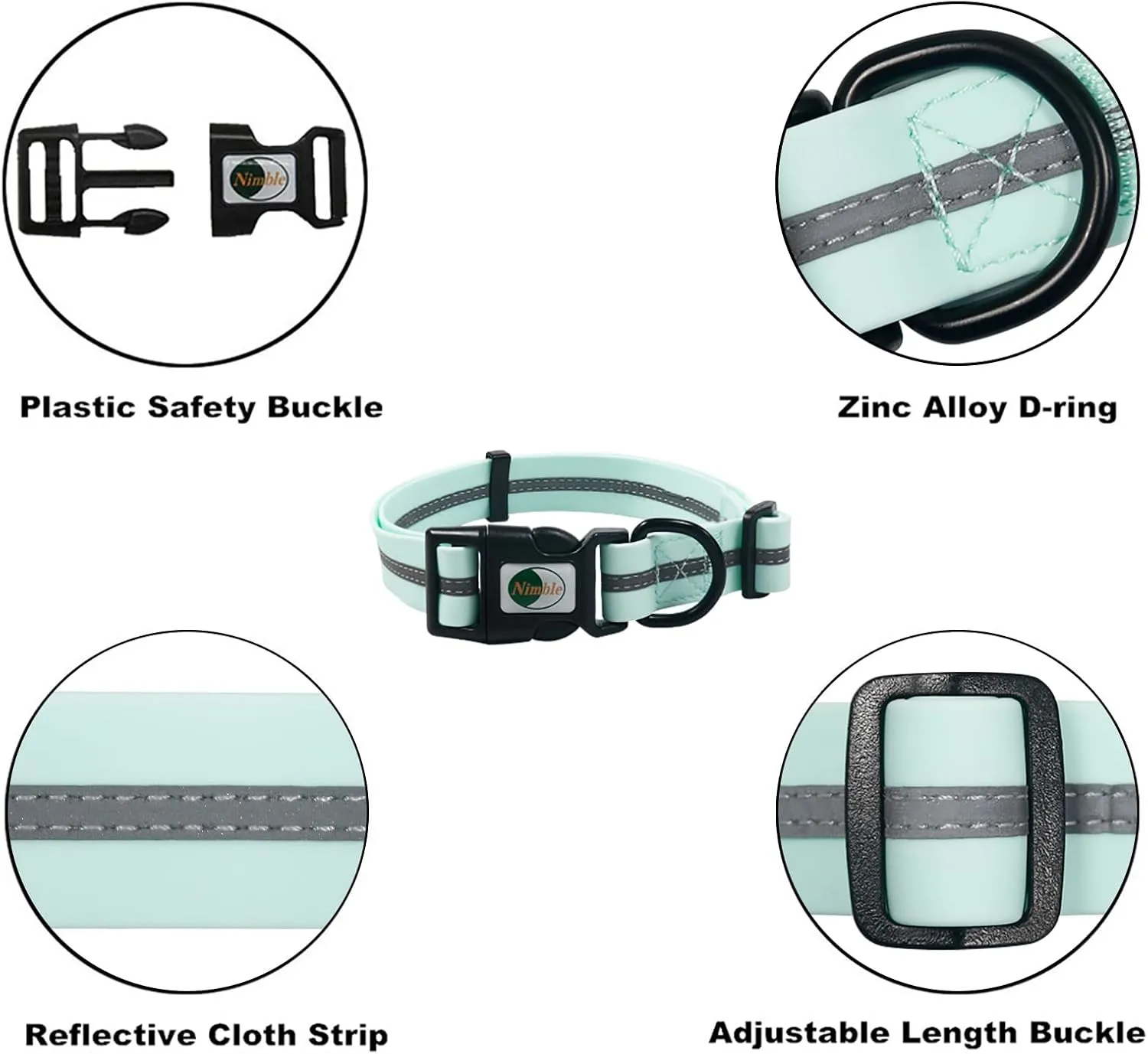NIMBLE Dog Collar Waterproof Pet Collars Adjustable, Reflective, Durable Flex Poly Coated Nylon Basic Dog Collars 9 Colors in Size S/M/L (Light Blue, Small (9.45-14.17inches))