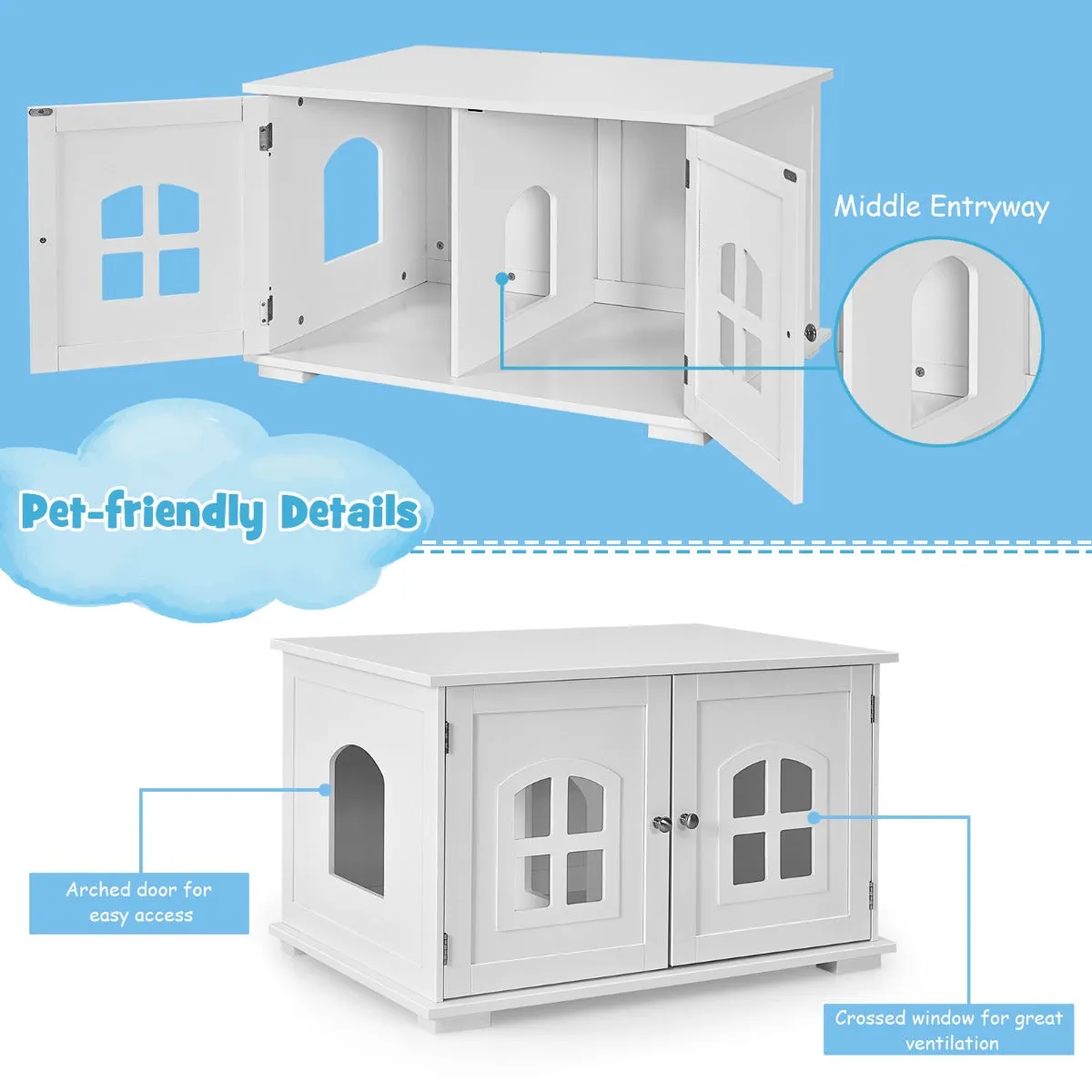 NNECW Cat Hidden Litter Box Enclosure with Cross Windows &ampampamp Double Door-White