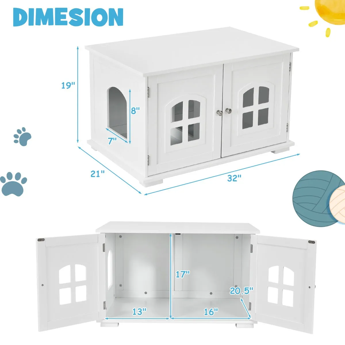 NNECW Cat Hidden Litter Box Enclosure with Cross Windows &ampampamp Double Door-White