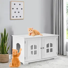 NNECW Cat Hidden Litter Box Enclosure with Cross Windows &ampampamp Double Door-White
