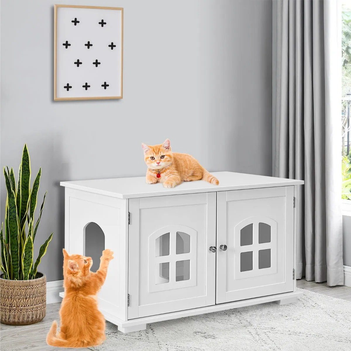 NNECW Cat Hidden Litter Box Enclosure with Cross Windows &ampampamp Double Door-White