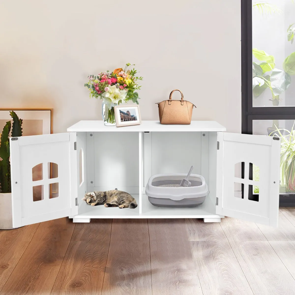 NNECW Cat Hidden Litter Box Enclosure with Cross Windows &ampampamp Double Door-White