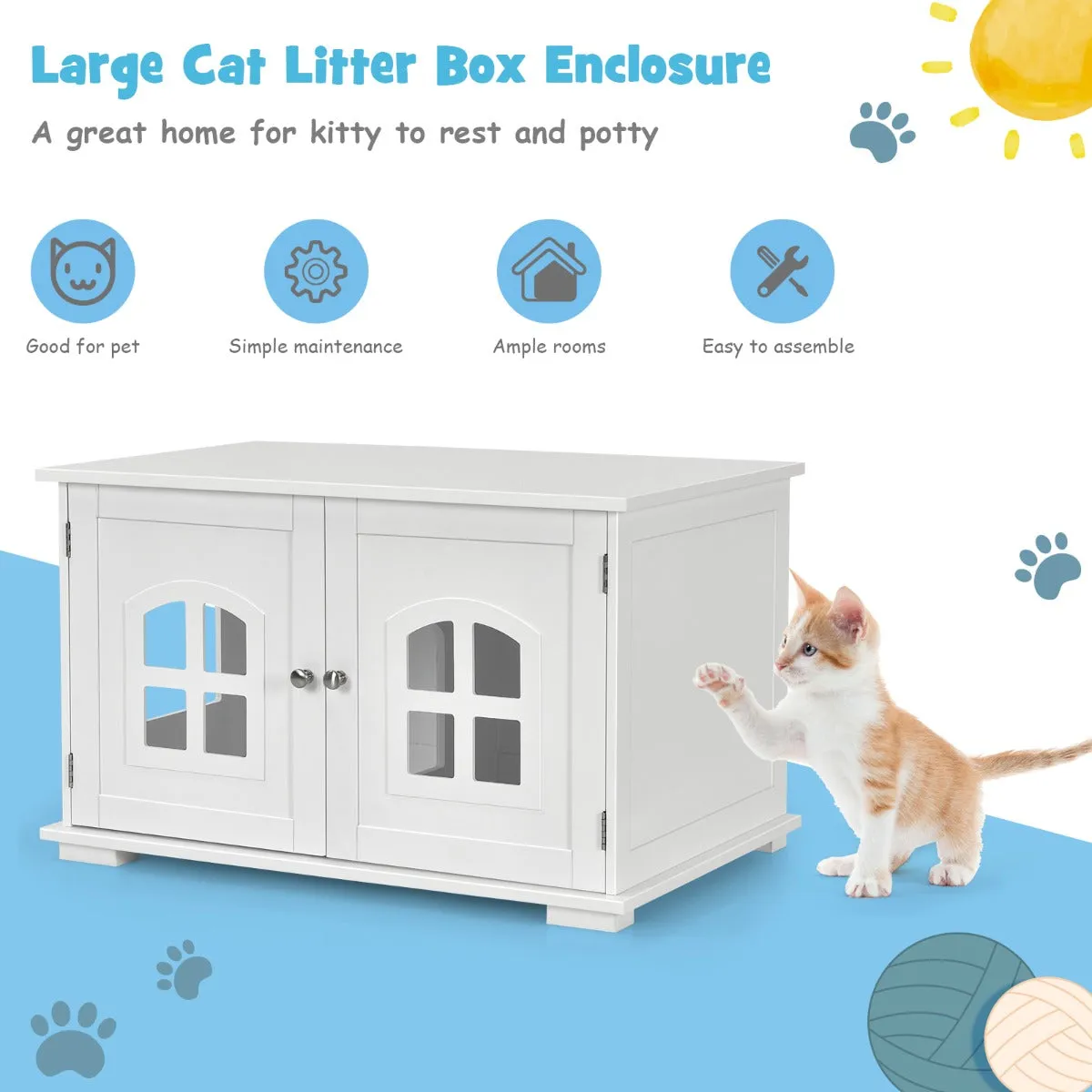NNECW Cat Hidden Litter Box Enclosure with Cross Windows &ampampamp Double Door-White
