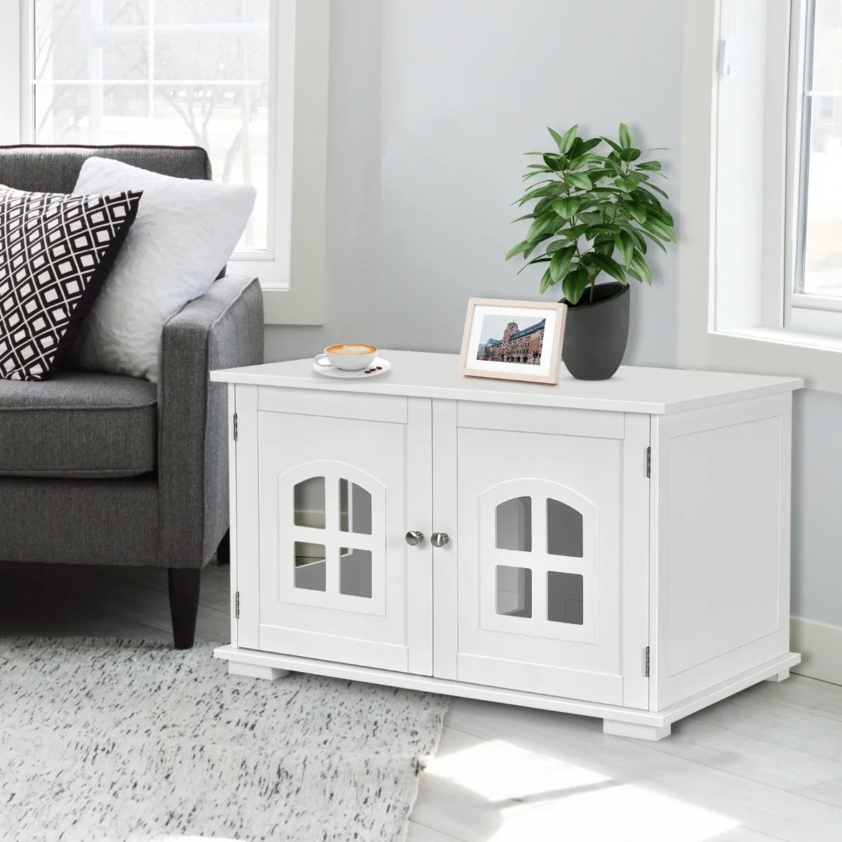 NNECW Cat Hidden Litter Box Enclosure with Cross Windows &ampampamp Double Door-White