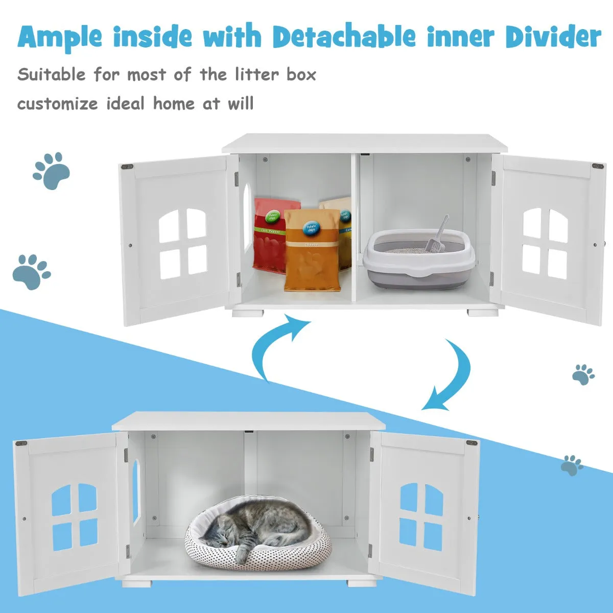 NNECW Cat Hidden Litter Box Enclosure with Cross Windows &ampampamp Double Door-White