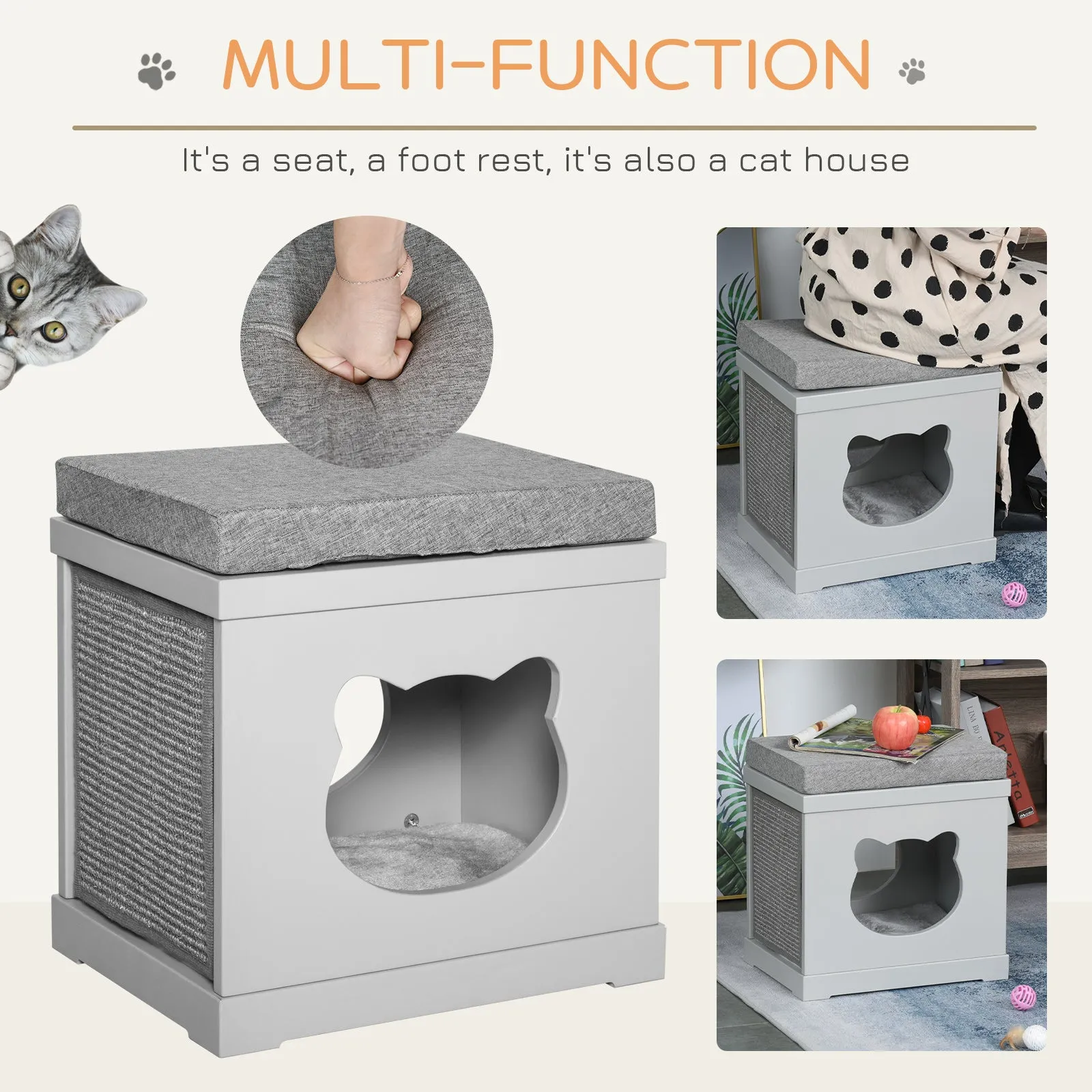 PawHut Cat House Bed Kitten Cave Cube Indoor w/Soft Cushion Sisal Scratching Pad