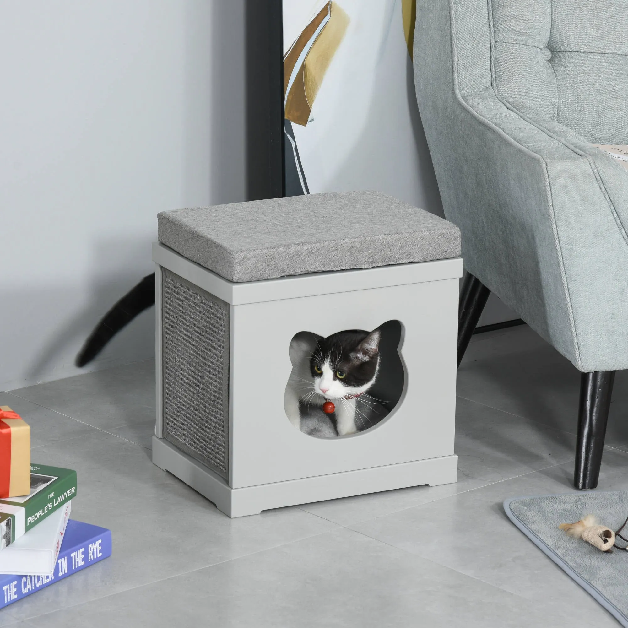 PawHut Cat House Bed Kitten Cave Cube Indoor w/Soft Cushion Sisal Scratching Pad