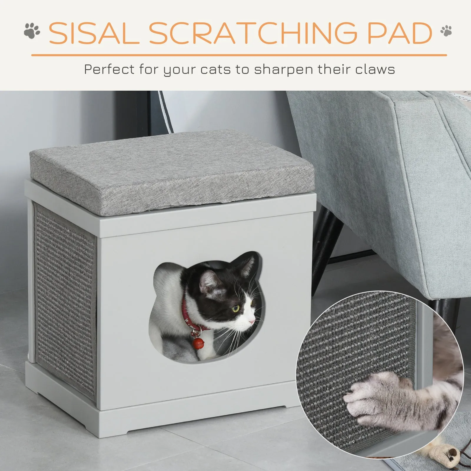 PawHut Cat House Bed Kitten Cave Cube Indoor w/Soft Cushion Sisal Scratching Pad